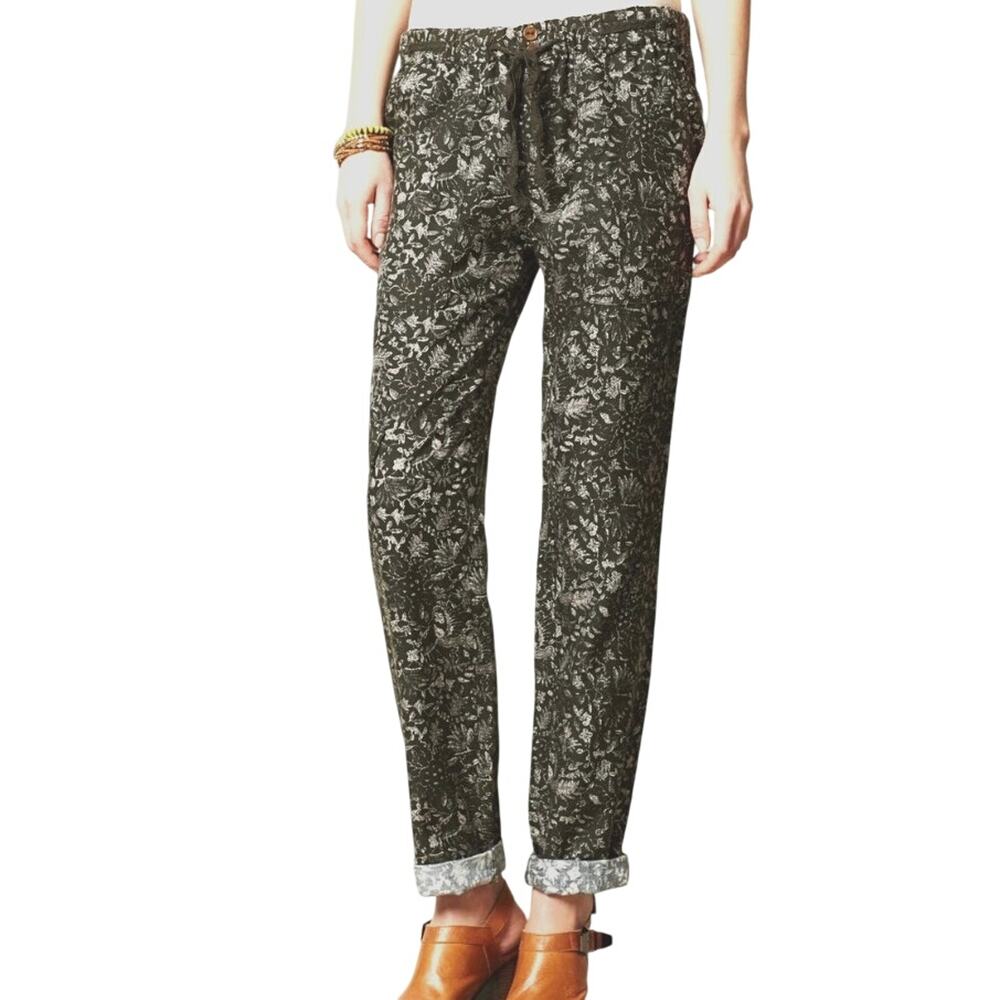 Anthropologie Olive Green Floral Wide-Leg Pants